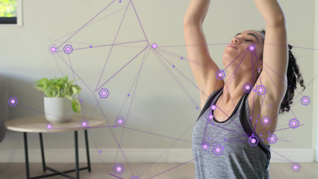Woman starting breath cue doing flowing arm routine for wellness with purple nodes tracking arms