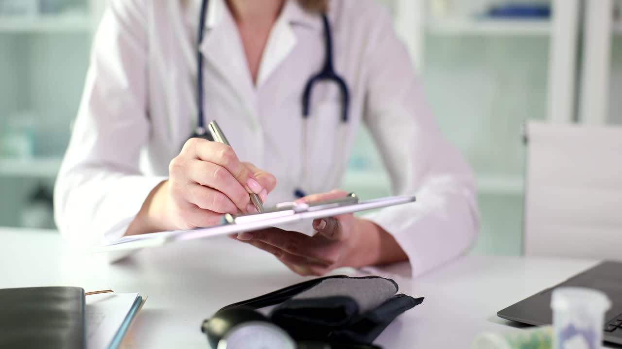 Close-up of a doctor writing on a clipboard in a medical setting