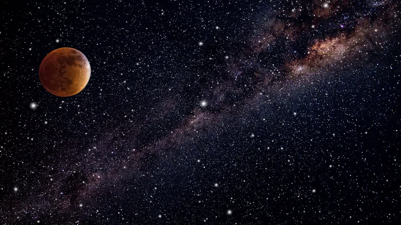 flotando a través del espacio y la nebulosa mientras la galaxia y un planeta rojo se mueven hacia el espectador en el espacio exterior