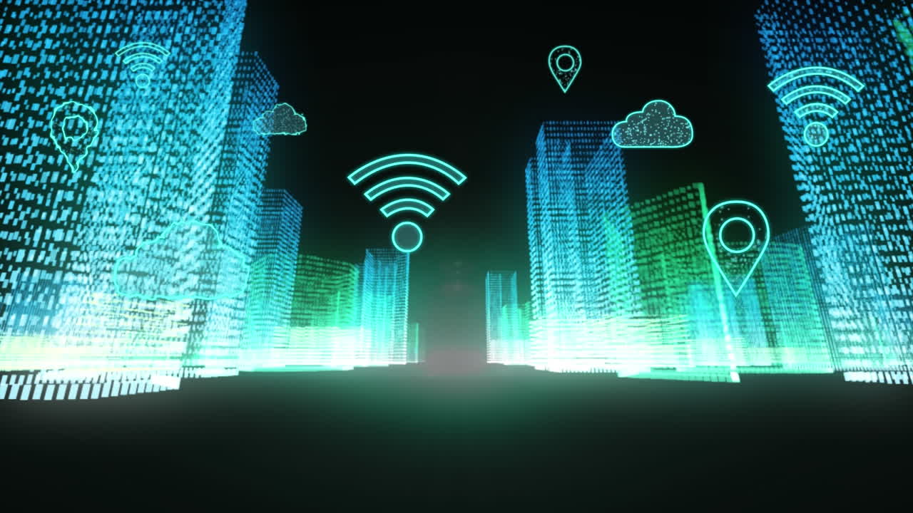 animación de nubes digitales e iconos que vuelan sobre el paisaje urbano