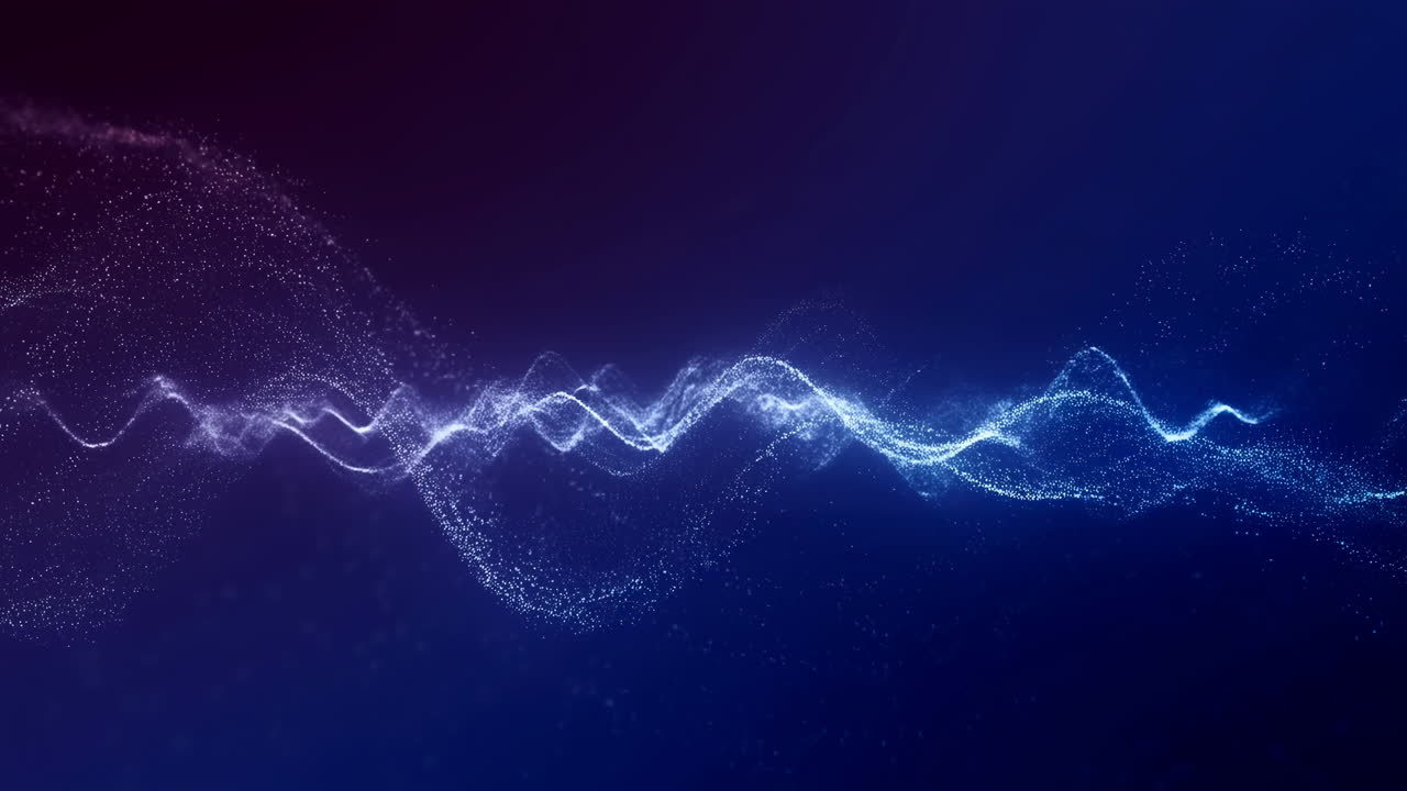 Electric Particle Wave In Deep Blue, Glowing Neon Ridge Of Moving Particles Forming Undulating Signal