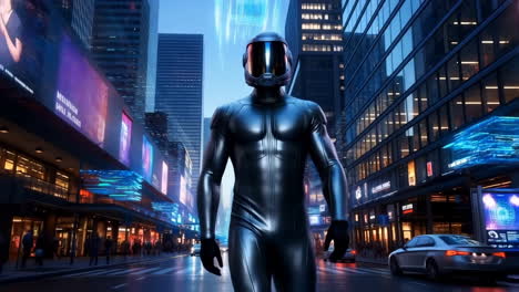 futuristic figure in a cyberpunk city night