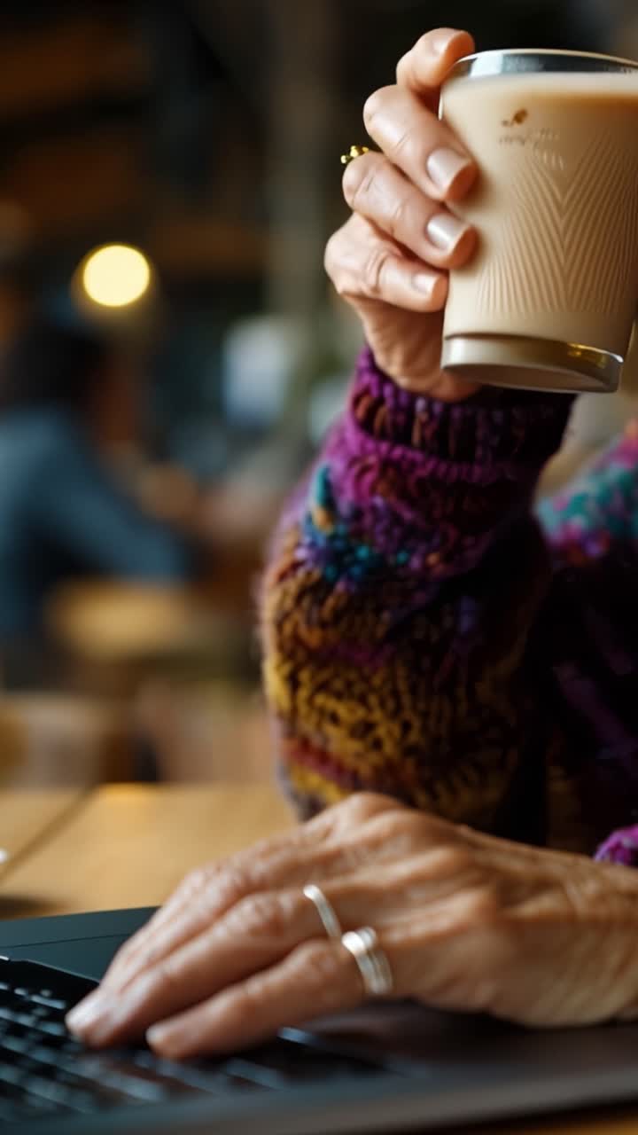 Maglione caldo, mani che digitano sul laptop. Una tazza di caffè accanto alla tastiera. Luci bokeh soffuse sullo sfondo. La persona sorride delicatamente, concentrata sul lavoro. Scena di caffè accogliente, tranquilla e piacevole.