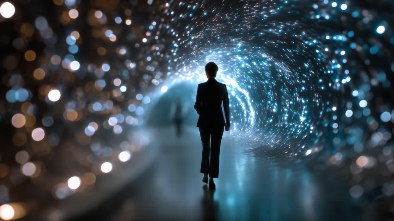 Una figura solitaria cammina attraverso un tunnel ipnotico di luci scintillanti ed energia cosmica, a simboleggiare un viaggio nel tempo e nello spazio verso l'ignoto