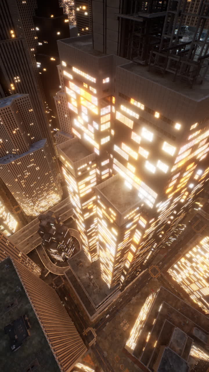 vista aérea de una ciudad por la noche con rascacielos iluminados