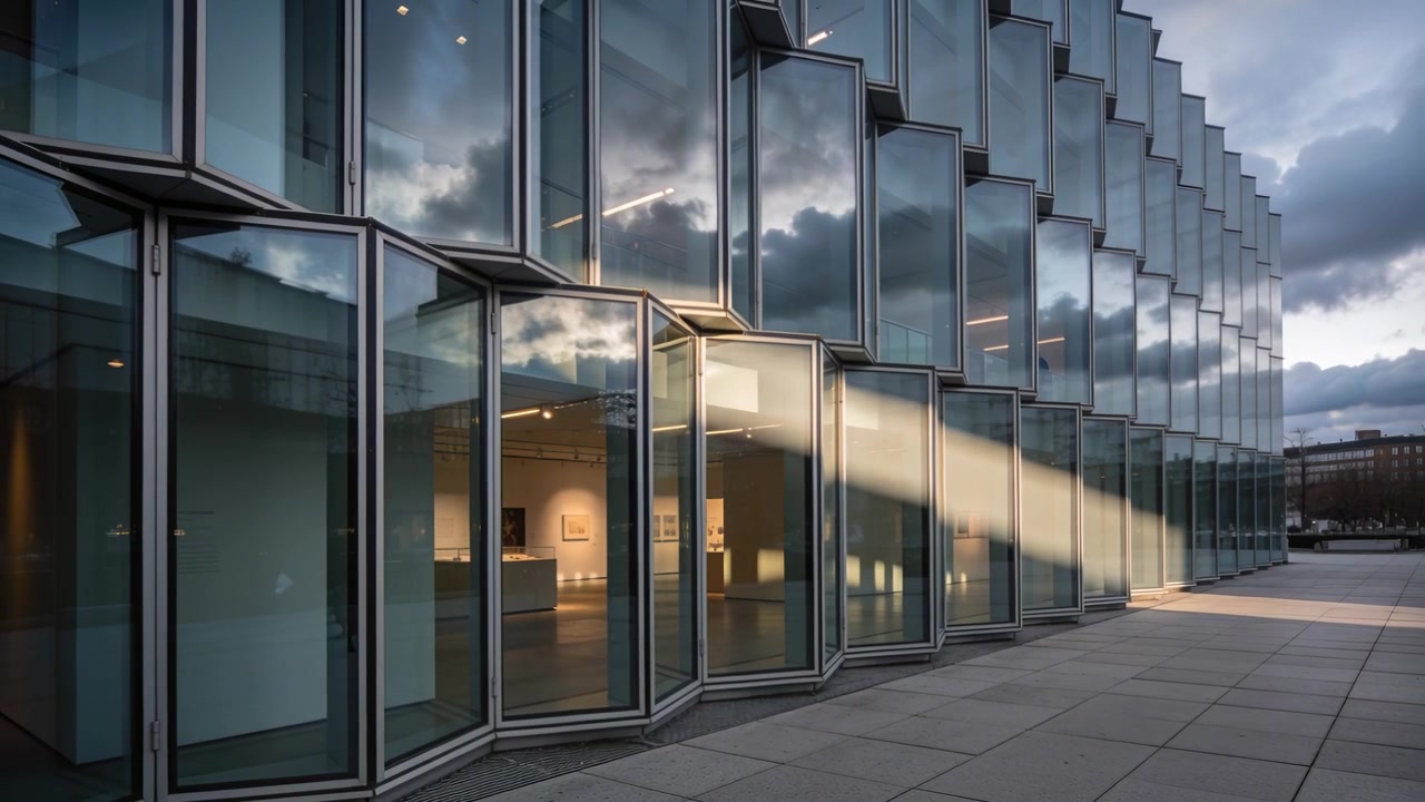 Raggio di sole che attraversa la facciata in vetro di una piazza di una galleria illuminando le opere d'arte