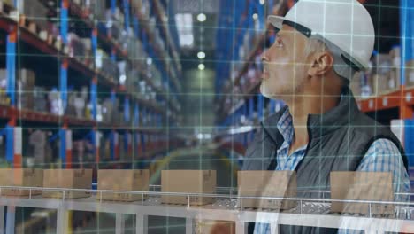 Animation-of-a-warehouse-worker-with-cardboard-boxes-lying-on-a-conveyor-belt-in-the-foreground