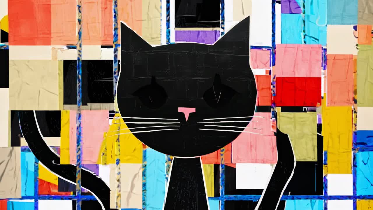 The video features vibrant, abstract animations of a cat against colorful geometric backgrounds
