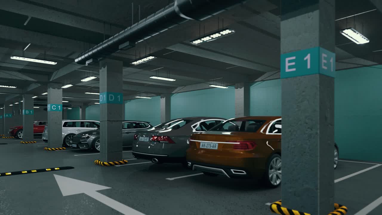 estacionamiento subterráneo con automóviles. estacionamiento bajo tierra moderno. estacionamiento moderno interior completo. estacionamiento subaterráneo escena de garaje