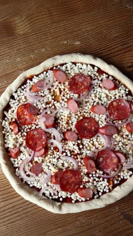pizza sin cocinar con salchichas, pepperoni y cebollas