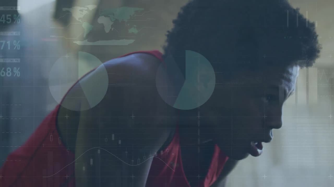 Animation of data with charts moving against tired african man relaxing after excising at gym