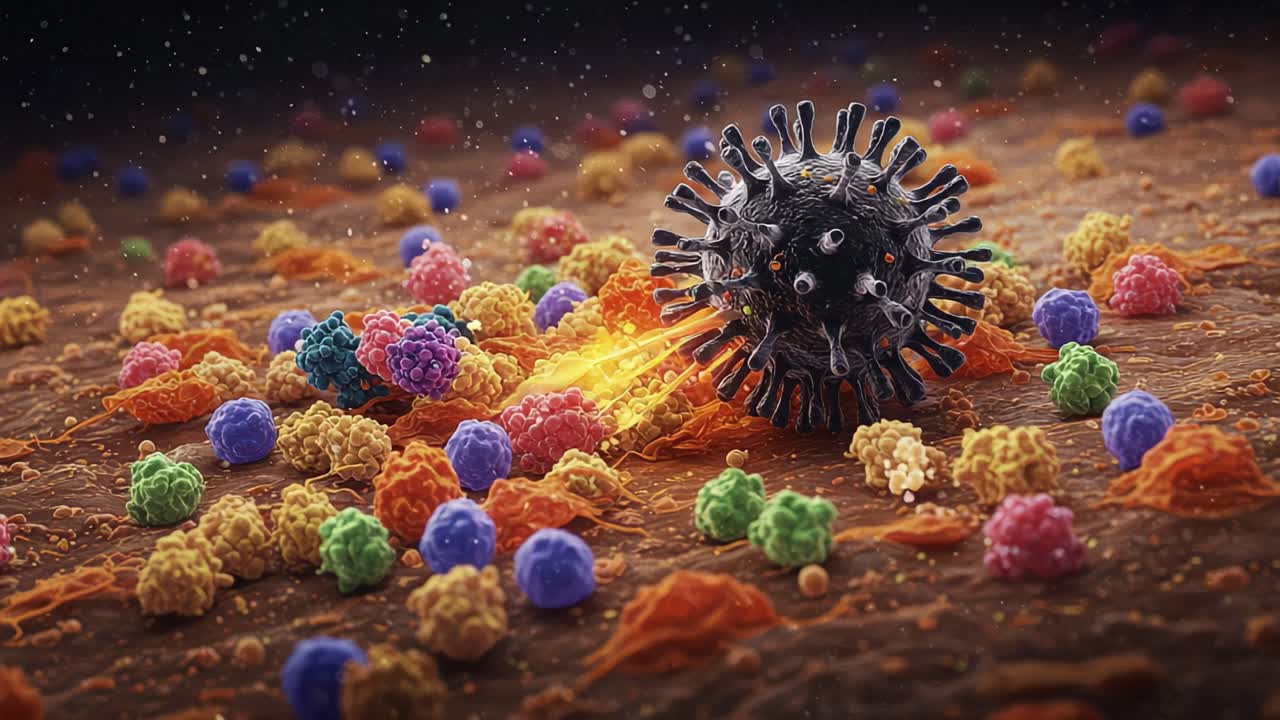 A Dynamic Close-Up of a Virus Interacting with Colorful Immune Cells Amidst a Microscopic Landscape, Highlighting the Battle Between Pathogens and Immune Defense