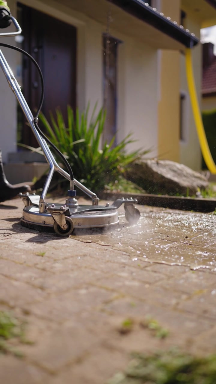 Cleaning paving stones with a high-pressure washer, vertical view
