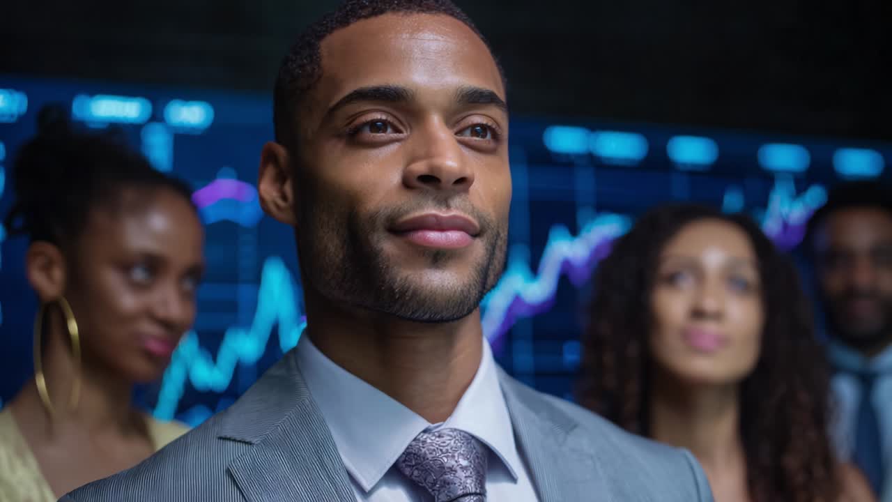 Confident Business Professional Smiling in Front of Financial Graphs with Team Members, Signifying Success and Growth in a Corporate Environment, Highlighting Leadership and Teamwork Potential