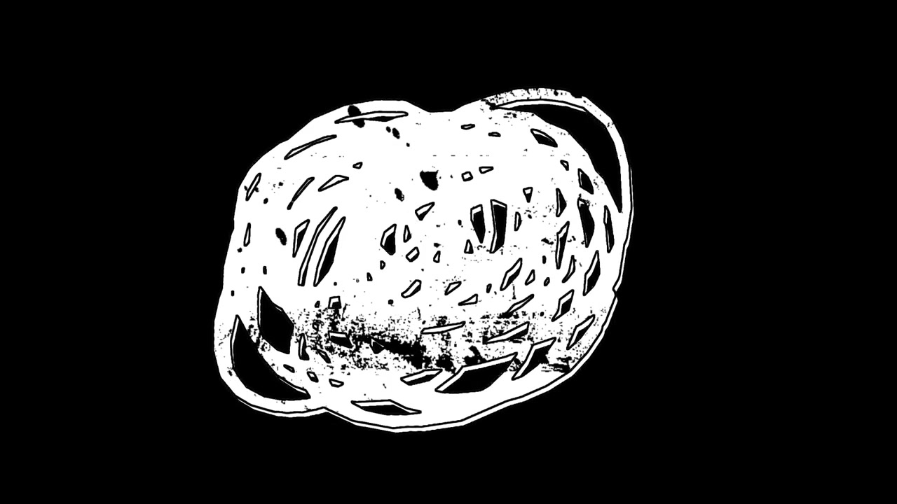 Abstrakt hvit organisk form med grunge-tekstur roterer på svart bakgrunn.