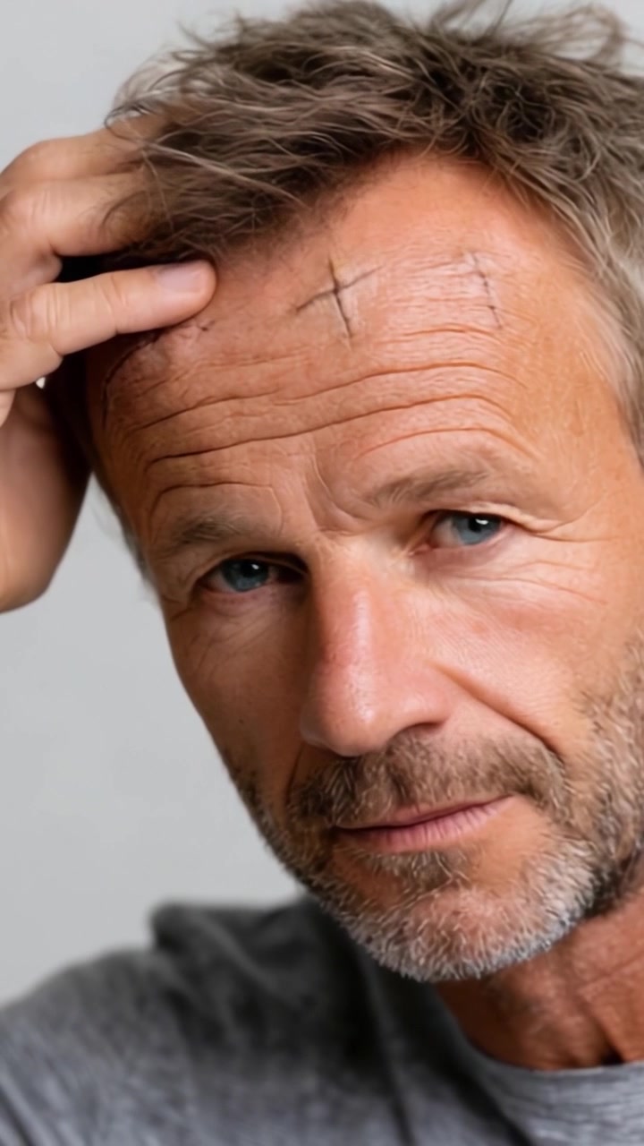 A Man Displaying Distinct Scars on His Forehead, Capturing Emotion and Resilience in Two Frames, Illustrating the Journey of Healing and Life Experiences