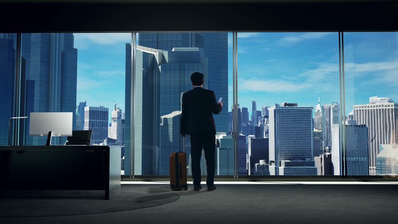 스마트폰을 사용하고 초고층 건물이 있는 큰 도시를 창밖으로 바라보는 가방을 가진 아시아 사업가