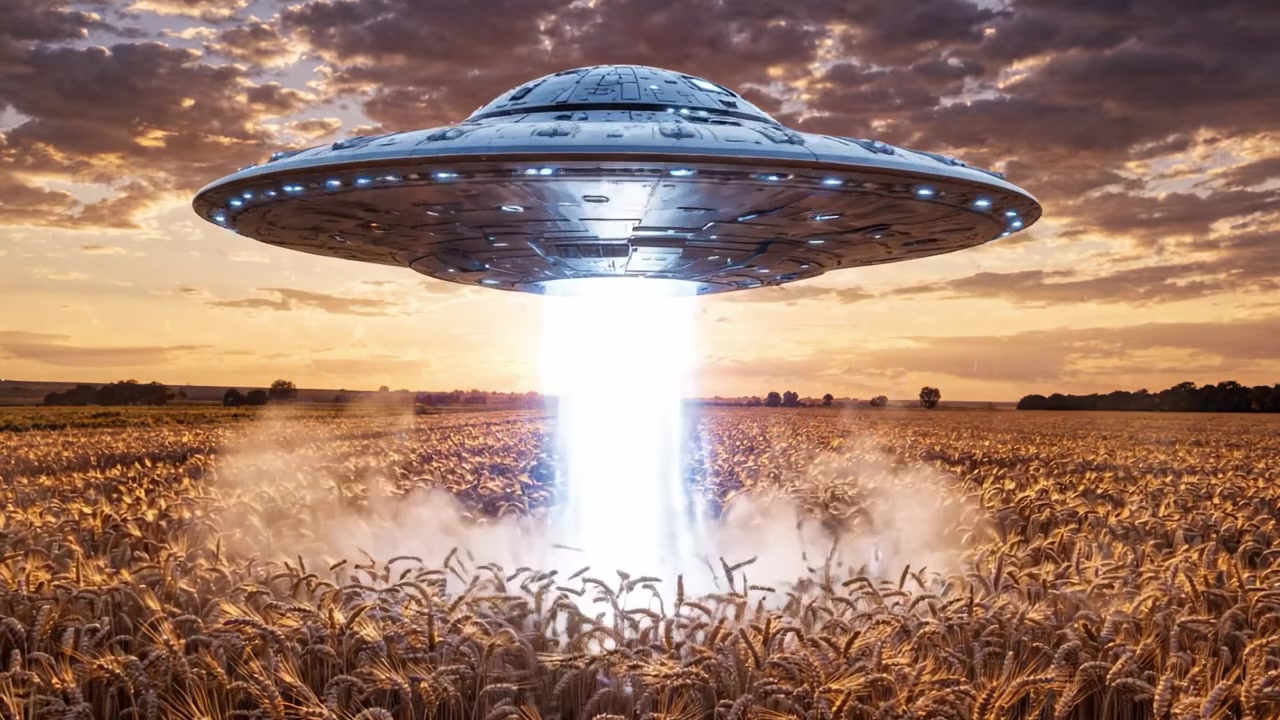 A Stunning Alien Spaceship Descends onto a Wheat Field During Sunset, Creating a Breathtaking Scene of Extraterrestrial Wonder and Natural Beauty