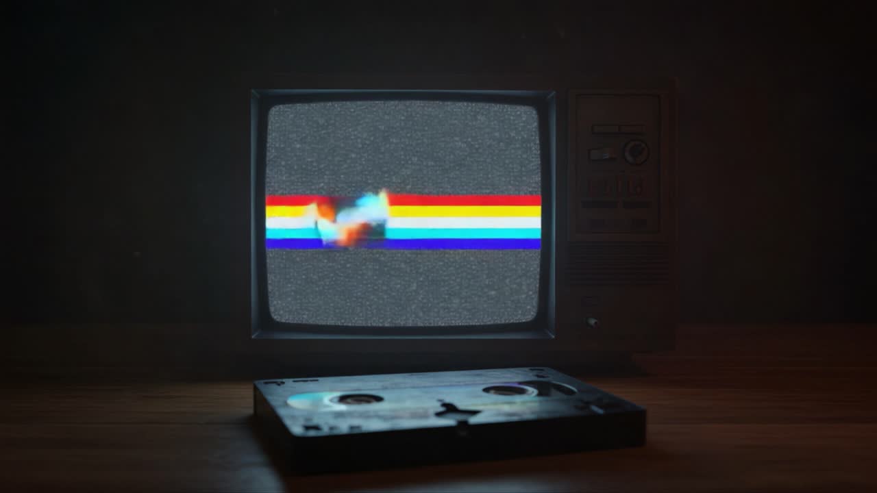 A Vintage TV Displaying Glitchy Visuals Creates a Nostalgic Atmosphere, Showcasing Static Patterns and Colorful Waveforms Evoking Fond Memories of Retro Technology