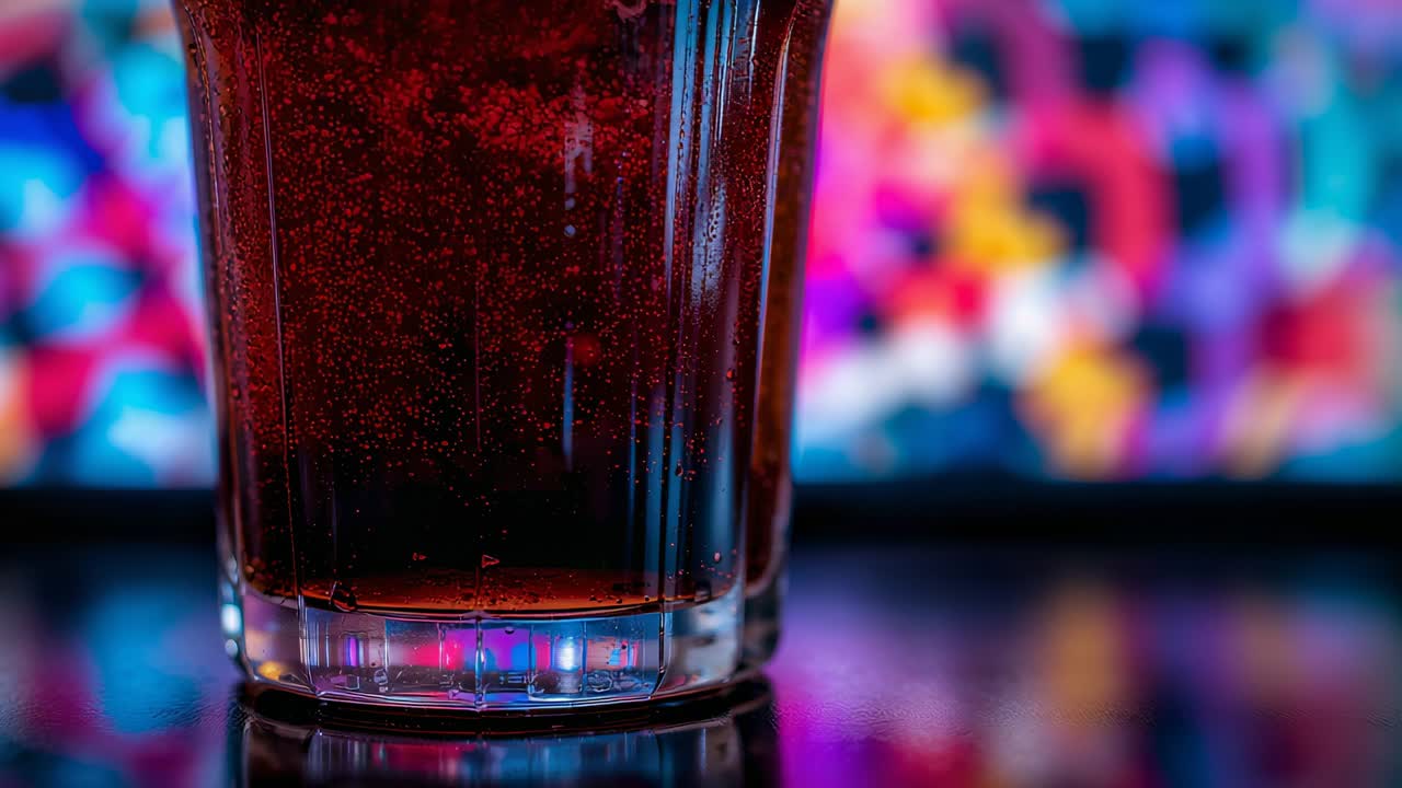 Rilascio di anidride carbonica, bicchiere tumbler corto e trasparente con bollicine su un tavolo lucido con riflessi LED