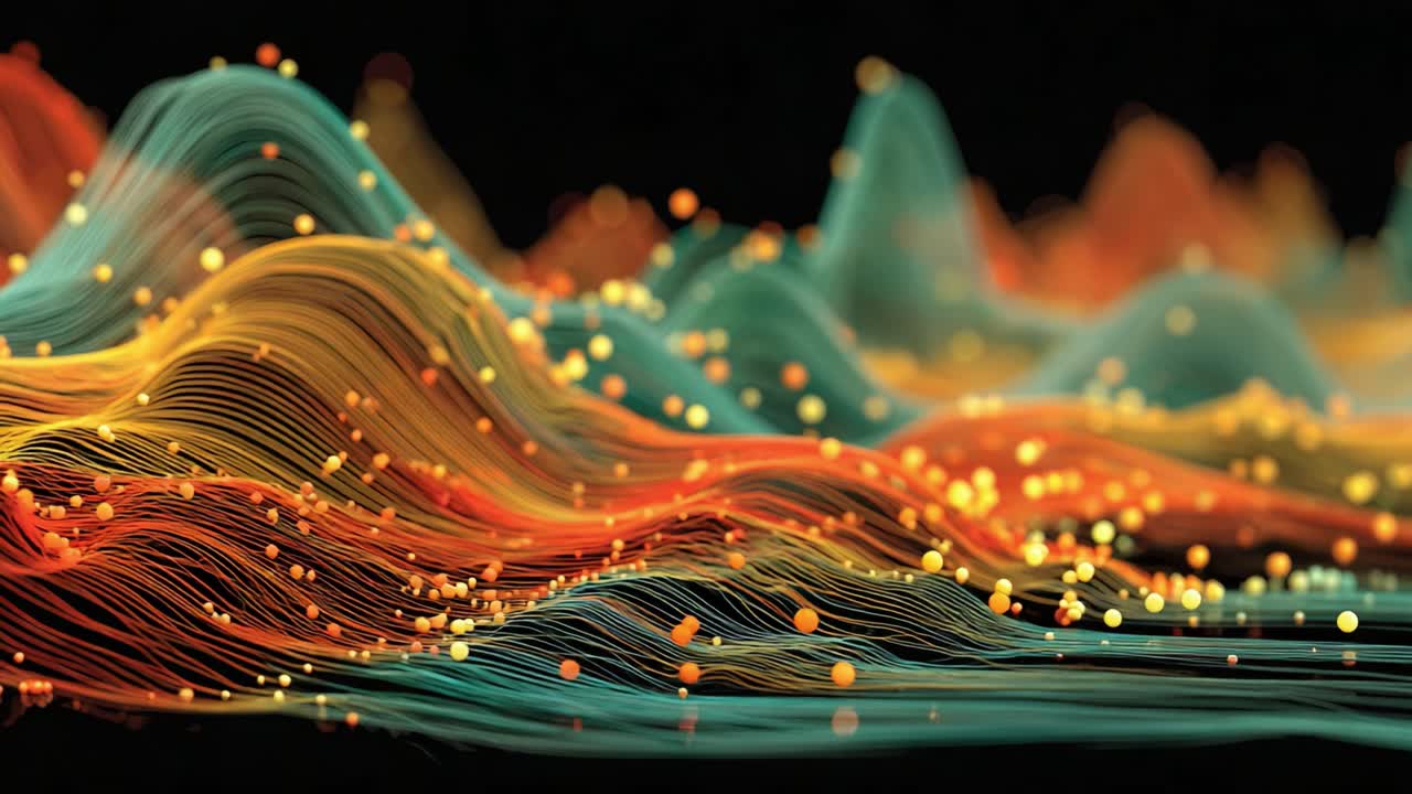 A Vibrant Display of Dynamic Wave Patterns: An Artistic Interpretation of Data Visualization Through Colorful Flowing Lines and Glowing Particles