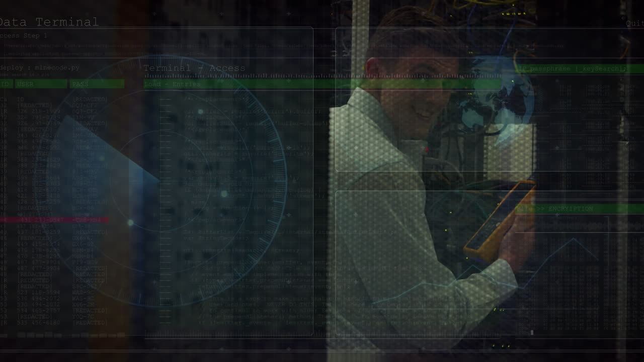 animación de procesamiento de datos digitales sobre trabajador de la sala de servidores caucásico