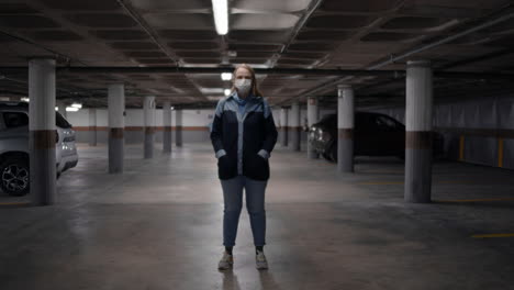 Woman-in-mask-in-underground-space-with-blinking-light