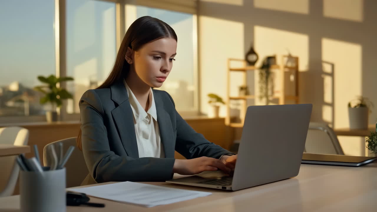 Mujer profesional trabajando en una computadora portátil en un escritorio