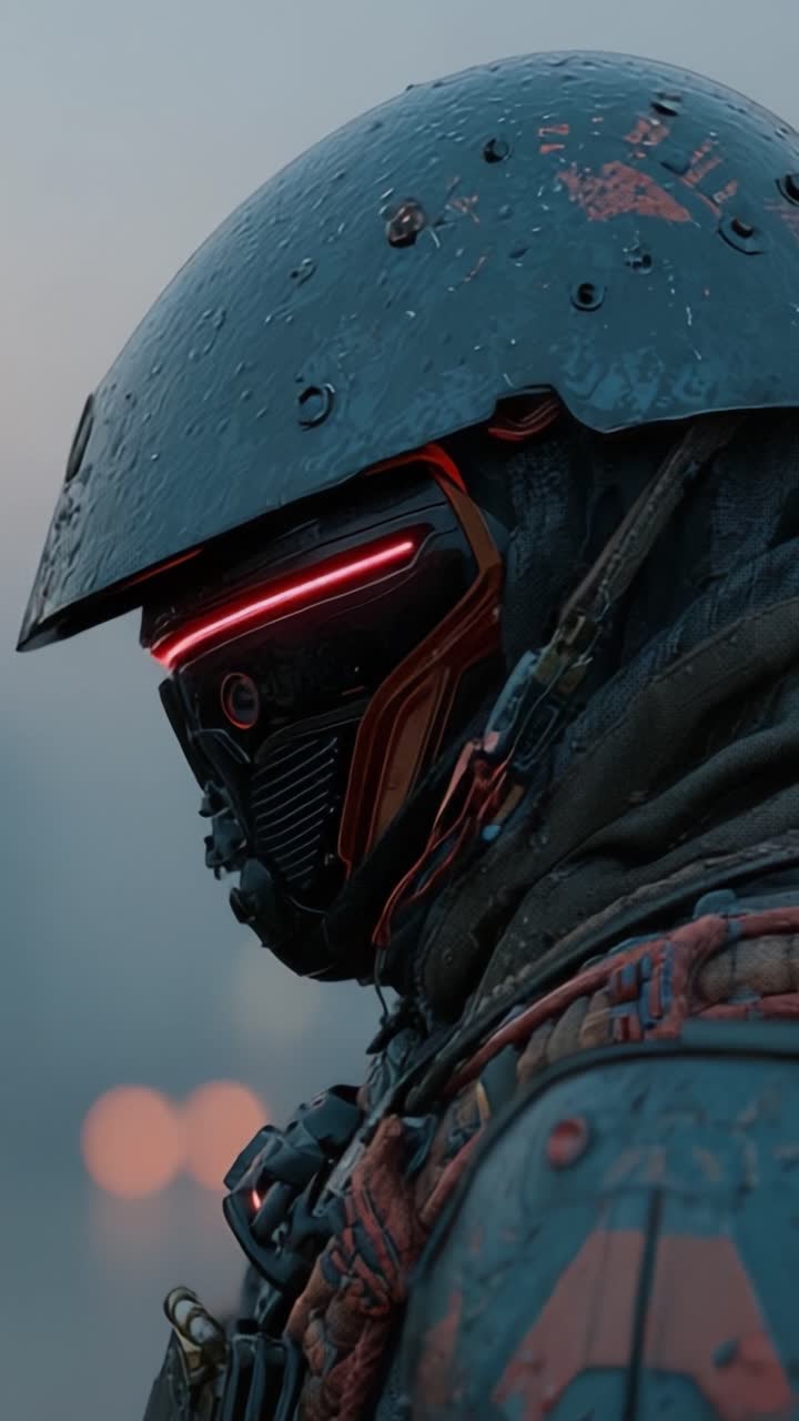 A futuristic soldier clad in a dark, rain-soaked helmet with glowing red accents and intricate detailing stands against a blurred urban backdrop, embodying a striking blend of advanced technology and resilience