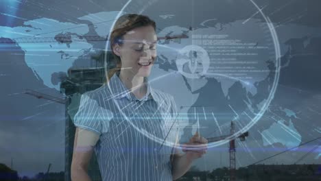 animation of caucasian businesswpman using tablet and network of connections over cityscape