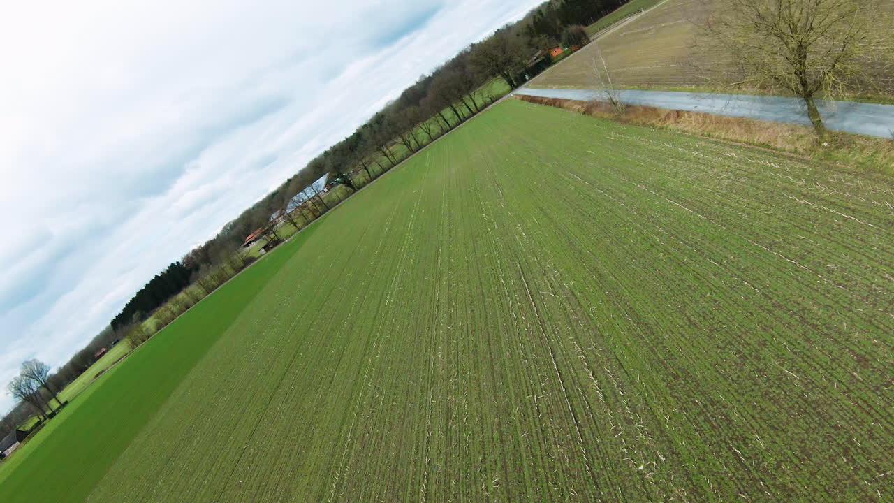 화창한 봄날 시골 시골 들판을 통해 fpv 드론 비행