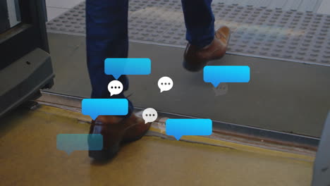 walking through door, person surrounded by animation of chat bubbles in school