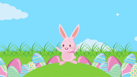 feliz tarjeta animada de pascua con huevos pintados en el campo