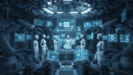 futuristic laboratory scene featuring advanced robots and interactive displays in a high-tech environment, exploring artificial intelligence and automation concepts