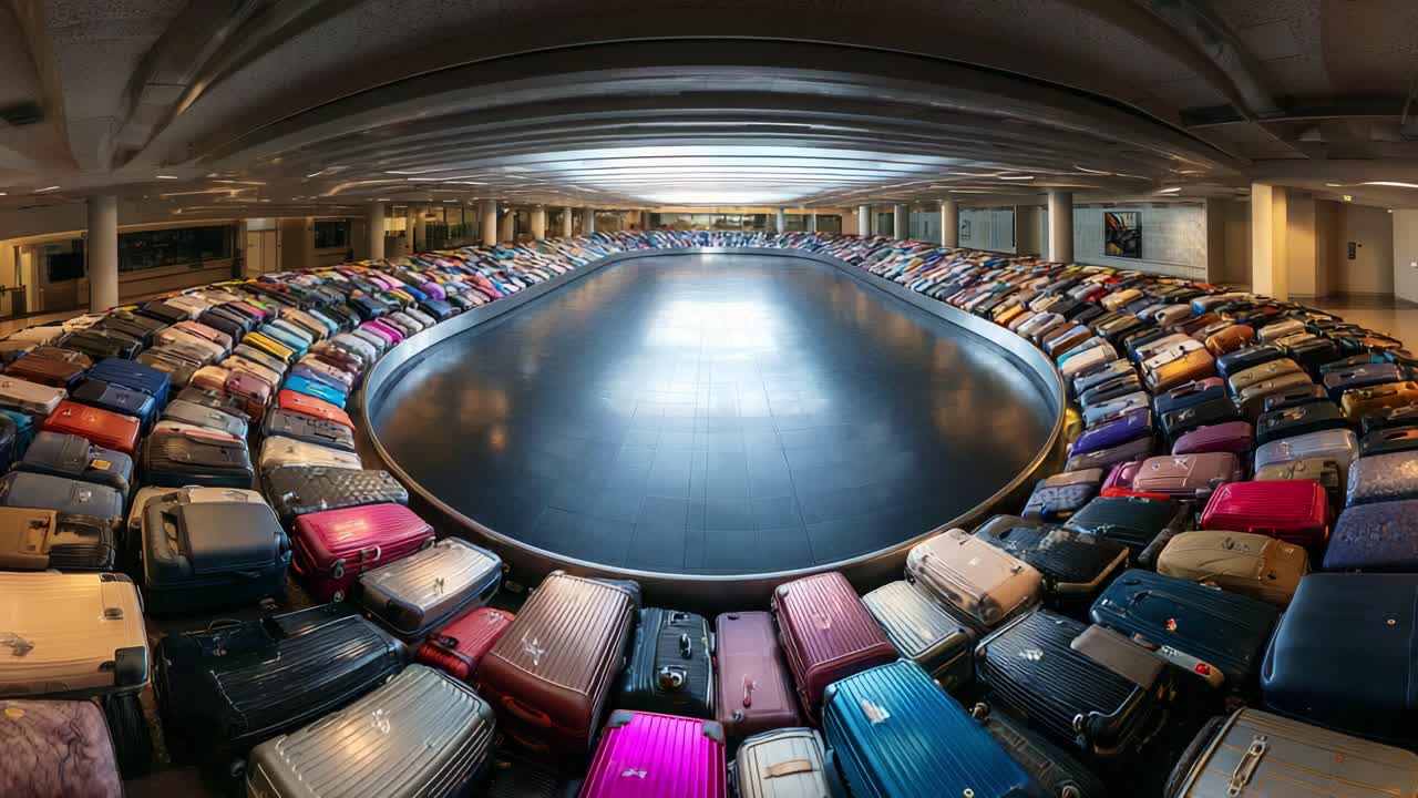 A Stunning Visual of Luggage Collection at an Airport Baggage Claim Area, Showcasing an Array of Colorful Suitcases Arranged in a Unique Pattern Under Soft Lighting