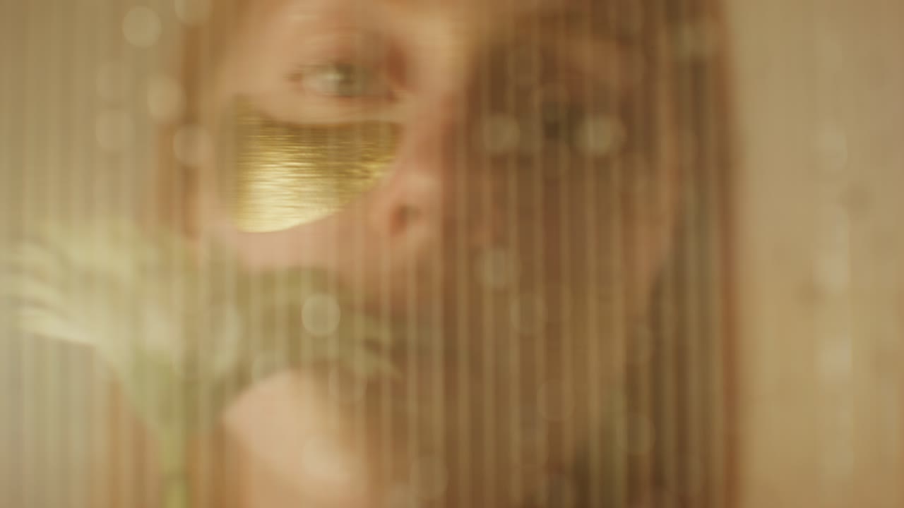 Woman with gold mask, blurred view through a window
