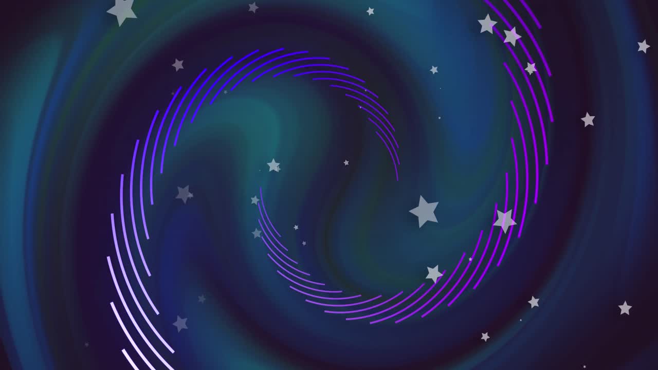Animation of falling stars and purple light trails over dark blue background