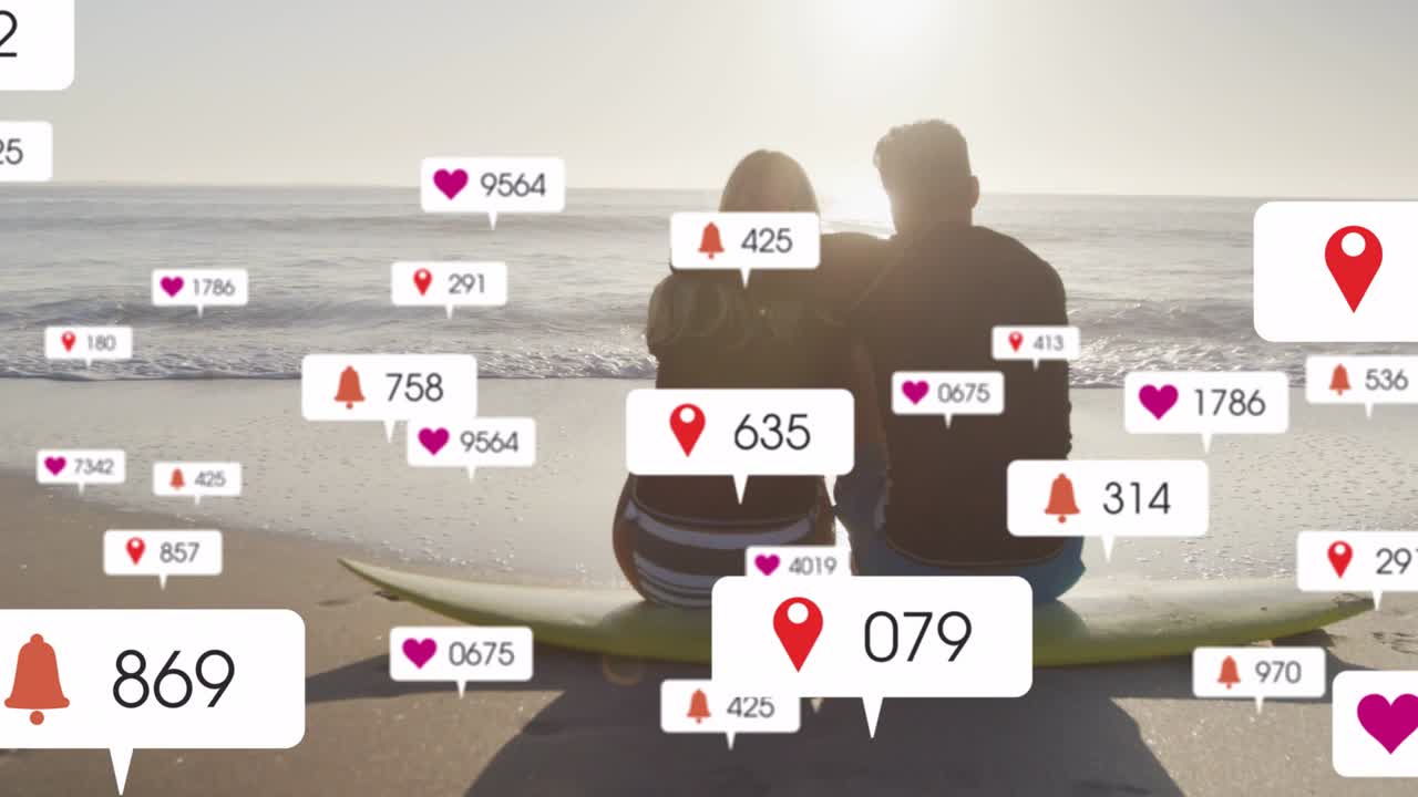 Couple sitting on board by shoreline, settling as social media icons showing engagement around pair