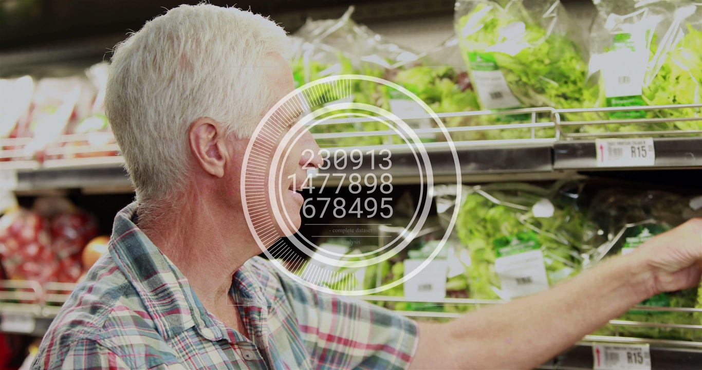 Senior shopper reaching grocery shelf, activating HUD, selecting bag, checking quality, smiling