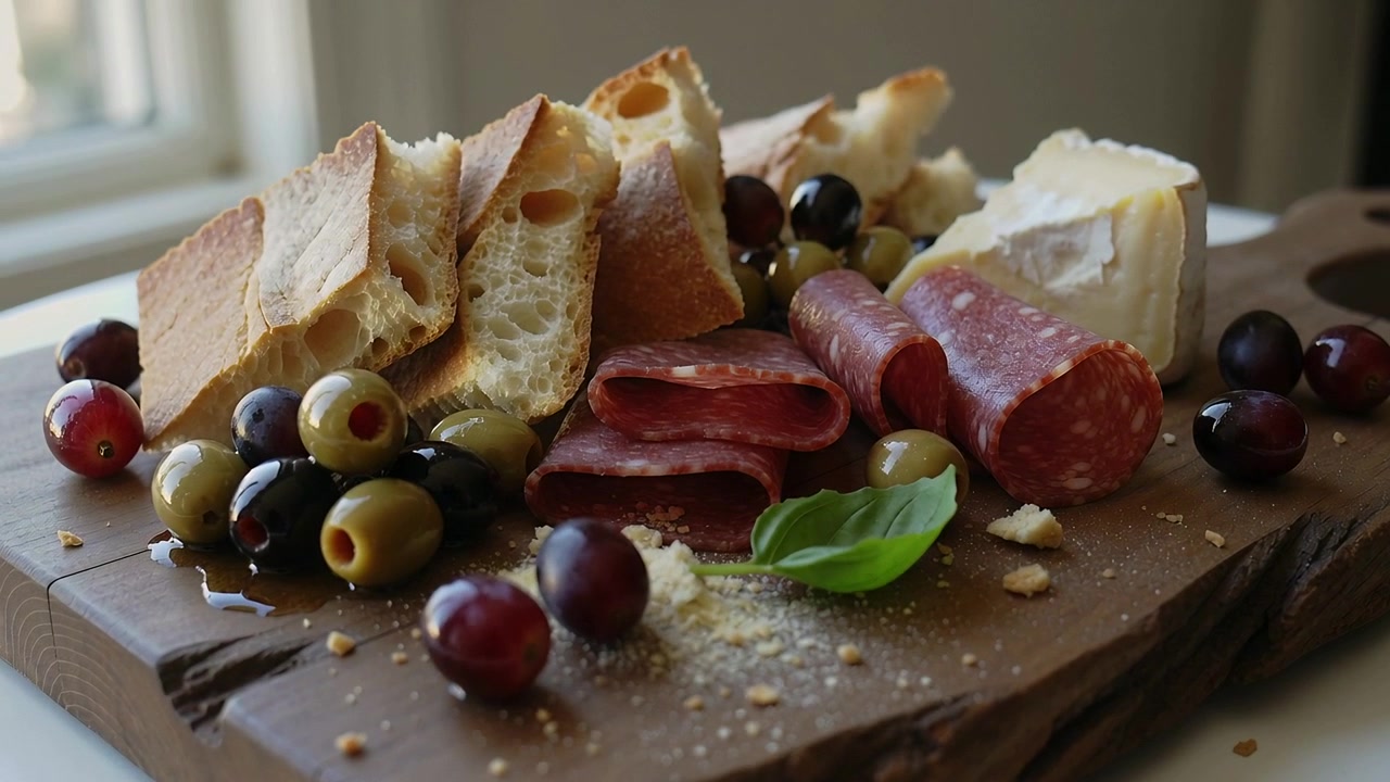 Shifting camera capturing wooden board at window as daylight shifts, showing bread, olives, cheese