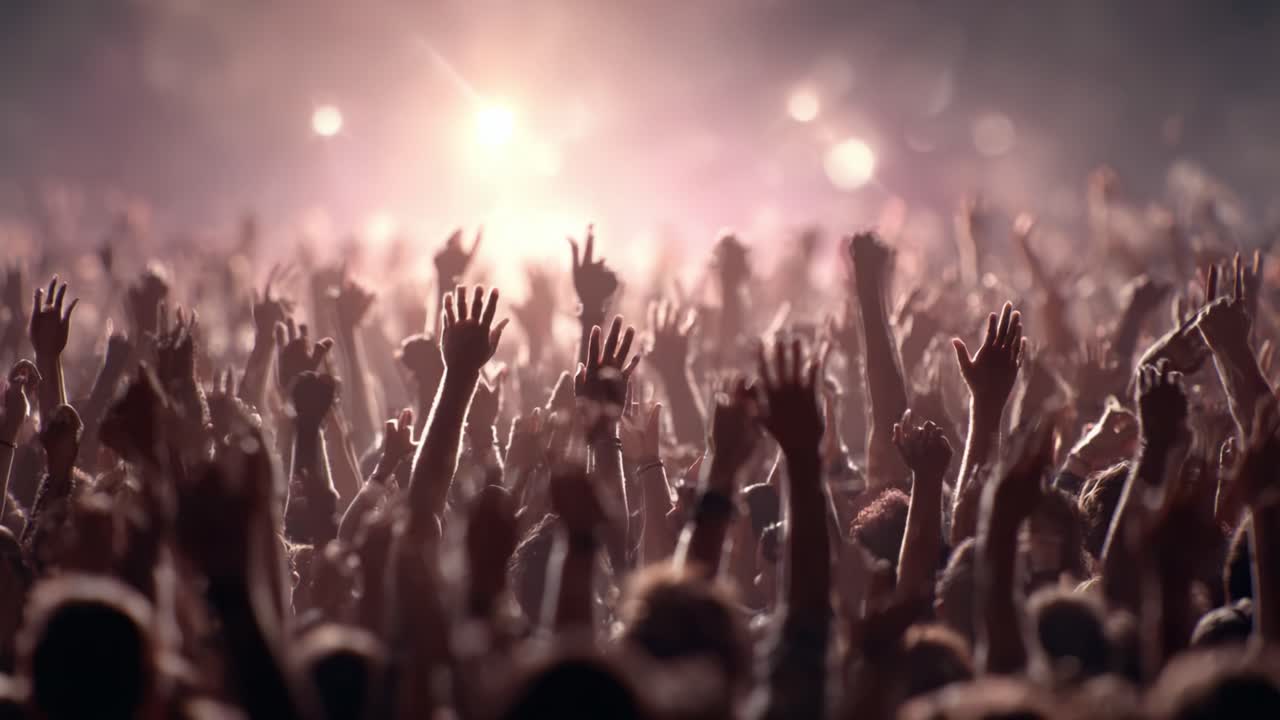 Un pubblico rapito alza le mani in segno di entusiasmo durante un evento vivace, con luci che illuminano un mare di volti entusiasti in una potente dimostrazione di energia e unità.