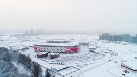 Aerial-view-of-a-freeway-intersection-on-snow-covered-Moscow