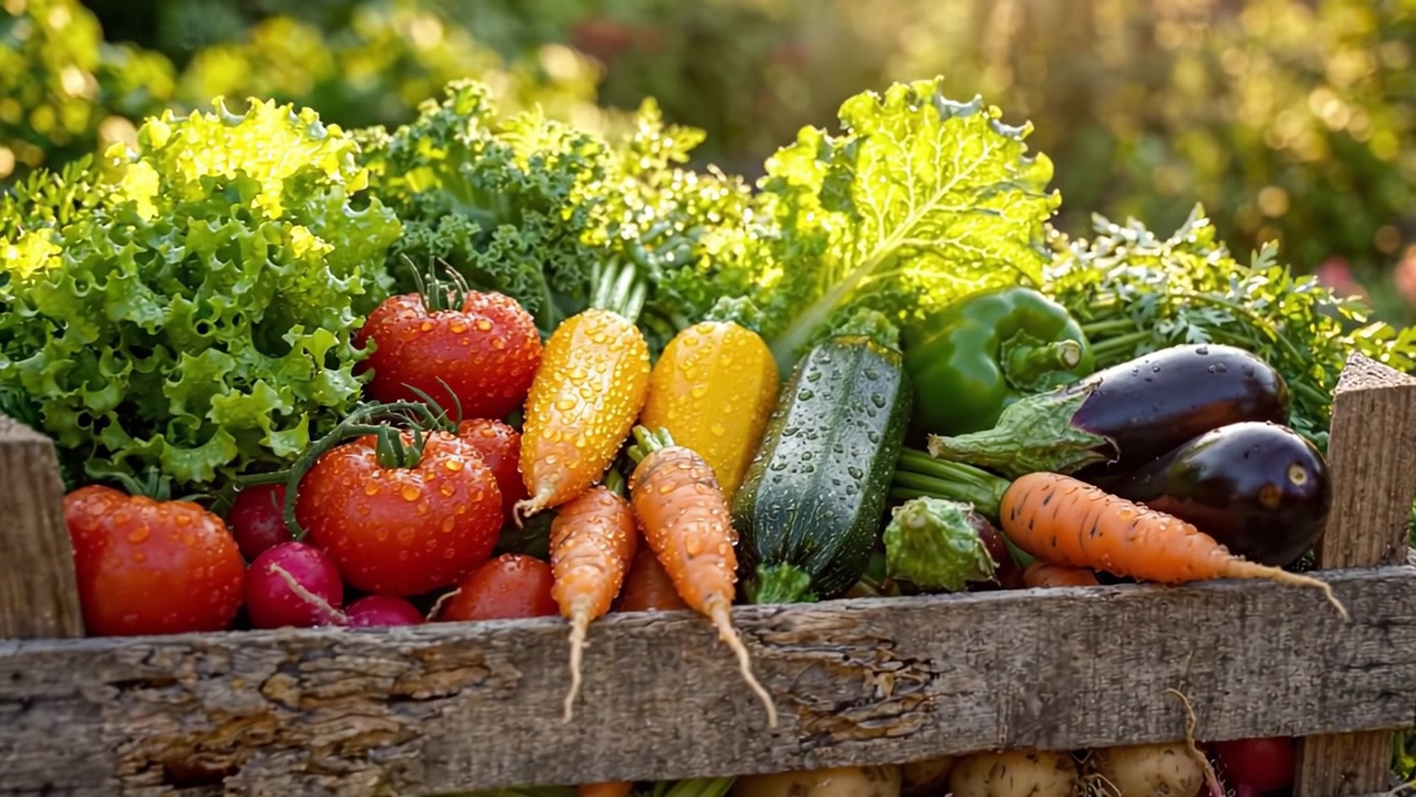 Una vivace esposizione di verdure appena raccolte che mostra carote colorate, verdure a foglia, pomodori e altro in un contenitore di legno rustico sotto un sole splendente