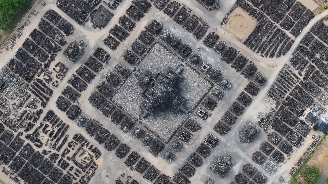 Aerial top down view of mandala symmetry of Sewu Temple, Indonesia. Hinduism, fractal, geometry.
