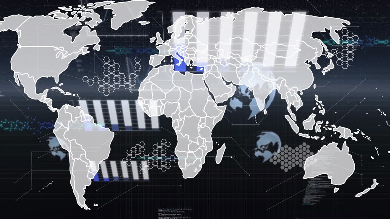 세계 지도 위의 지구와 다이어그램의 애니메이션