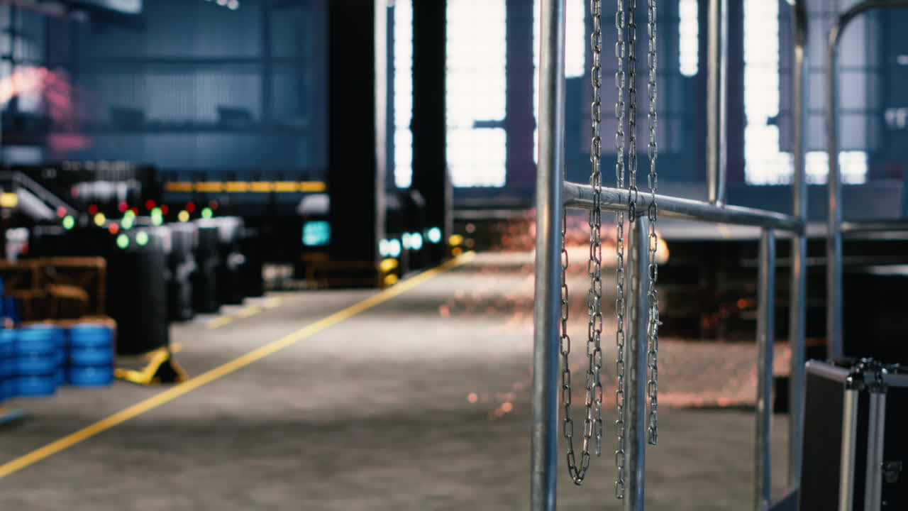 Empty warehouse interior in heavy industry environment displays steel work