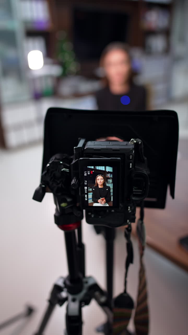 Female influencer on a display of professional camera. High angle view at the equipment filming a blog content. Blurred backdrop. Vertical video.