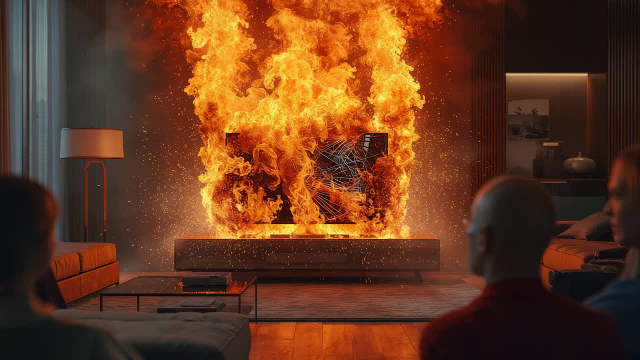Flickering small flames growing into fire engulfing flat-screen television in modern living room