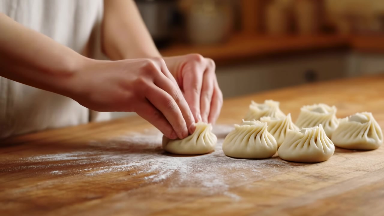 Closeup Hands Shaping Dumplings On Wooden Board, Soft Natural Light, Floured Surface, Rows Of Pleated