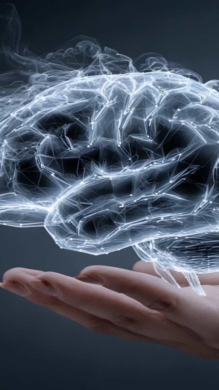 Una rappresentazione luminosa del cervello umano: una fusione eterea di scienza e arte che mostra le connessioni neurali in un palmo